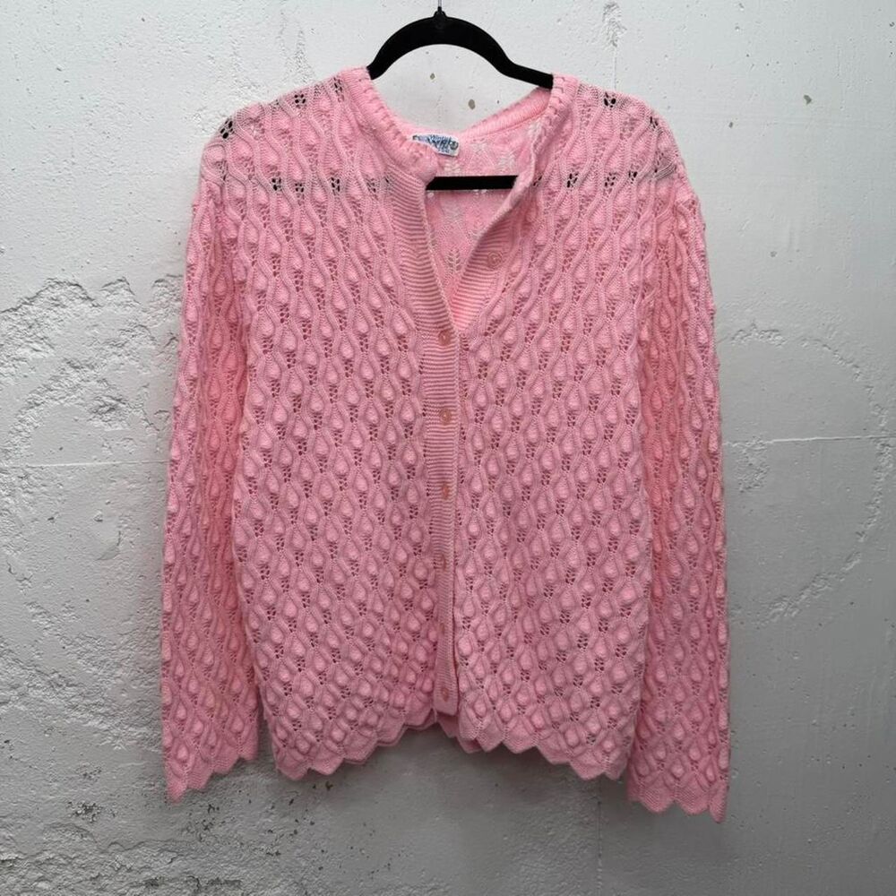 Valentines Day Spring Vintage Pink Crochet Knit Cardigan with Scalloped Edges